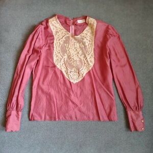 Vtg Silky Lace Top Women L Pink Handmade Victorian Secretary Prairie Romantic